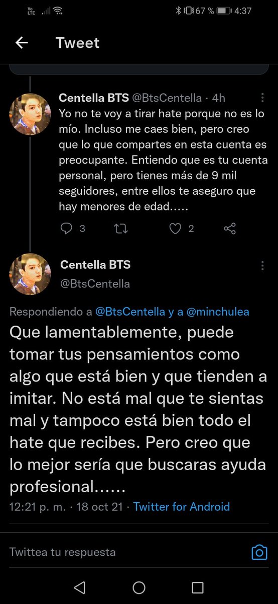 BtsCentella's tweet photo. Le dejé unos comentarios con nada de hate. Le dije que entre sus seguidores hay menores que tienden a imitar lo que ella publica y que sería mejor buscar ayuda profesional, ya que con su progreso puede ayudar a niñas en su misma situación y me bloqueo. #Minchulea #Minchu https://t.co/ifvuAEUBgX