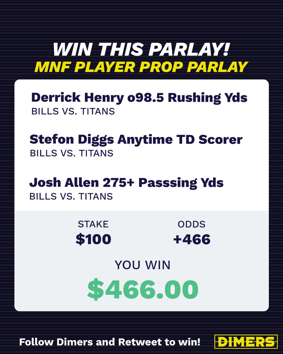dimerscom's tweet photo. 🚨 $466 MNF PROPS PARLAY GIVEAWAY 🚨

We're putting our player prop projection model to the test, placing $100 on this parlay that we're going to give away to 1️⃣ lucky follower.

To enter:

➡️ Follow @DimersCom 
➡️ Retweet this tweet!

Winner drawn at random when it hits! https://t.co/L5uCD6EreM