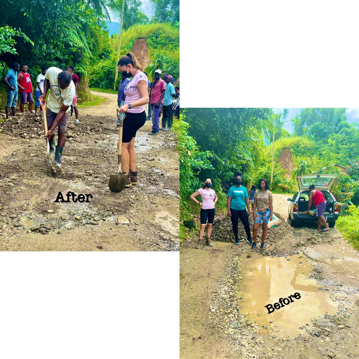 annmarievazja's tweet photo. Today #NationalHeroesDay, the #ActionTeam along with a team of communitymembers worked together in #CornwallBarracks.
Volunteering their time & with donations of shingles & personal contribution we patched out the worst craters on the main road* and did some debushing.
Boomπ―π²ππ»π€ https://t.co/aLcxMJYG6i
