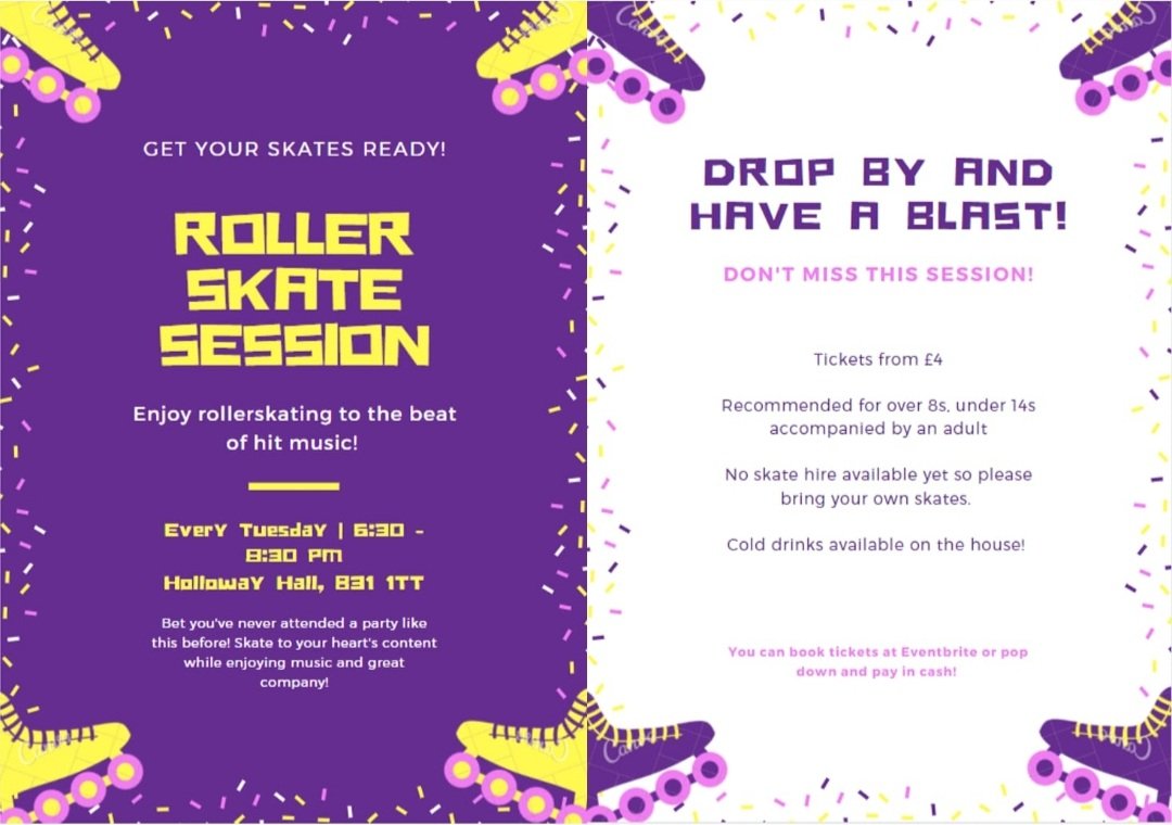 🛼Roller Skate Sessions 🛼
Every Tuesday 6:30pm - 8:30pm at Holloway Hall.
🛼🎶🥤