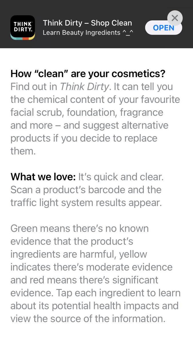 TropicWithKaty's tweet photo. This app is a real eye-opener!👀 Highly recommend downloading @thinkdirty in your App Store/Google Play. It’s free &amp; you can use it to scan your cosmetic products at home to get them independently rated to find out how “clean” they are! #greenrated #cleancosmetics #veganskincare https://t.co/mxGXFtB3lK