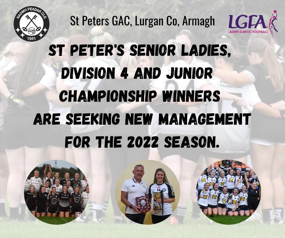 StPetersGAA's tweet photo. St Peter’s are seeking expressions of interest for the role of Senior Ladies Manager for the 2022 season. Any interested parties please contact Emma Oliver at stpeterslurgan.armagh@lgfa.ie or 07714 264609 for more information. Closing date for expressions of interest is 15th Nov. https://t.co/yoKa2VGukc