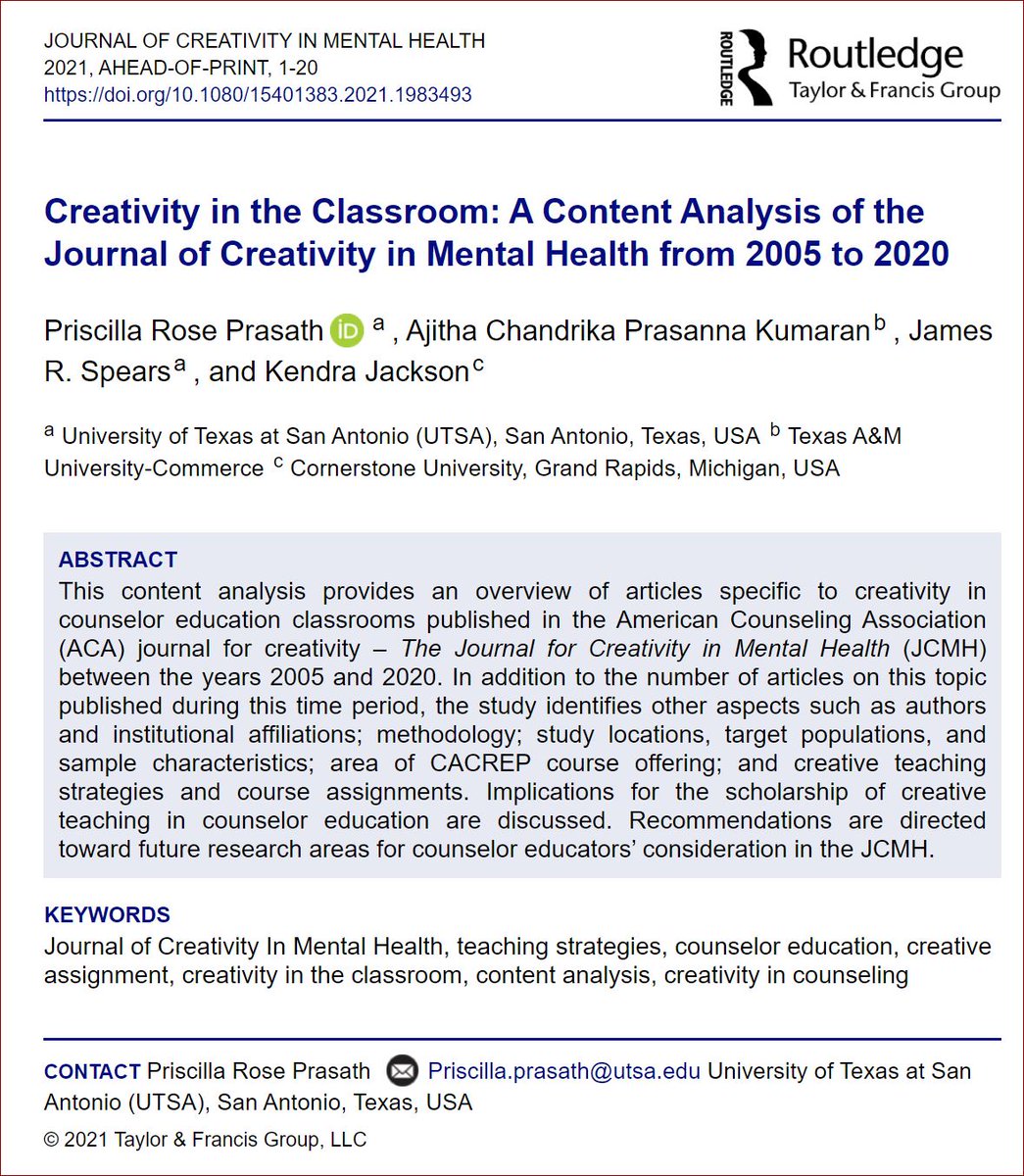 Our new article is out! A helpful tool for counselor educators looking to integrate creative modalities in their classroom! Shoutout to my collaborators: Aji, ​Ross, &amp; Ken. Check out-
tandfonline.com/eprint/W5PDEFE…
#creativityincounseling #UTSA #counseloreducation #coehd #UTSAresearch