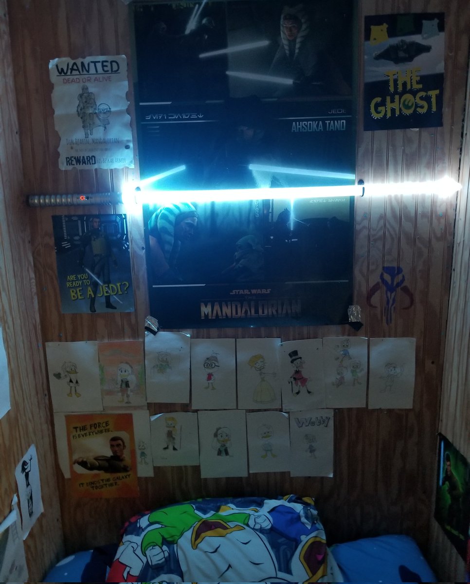 Della_Duck3's tweet photo. My bedroom wall, not perfect, its me🧡💙 Drawings by @Webby_Dangerous https://t.co/hoEcaAHLTo
