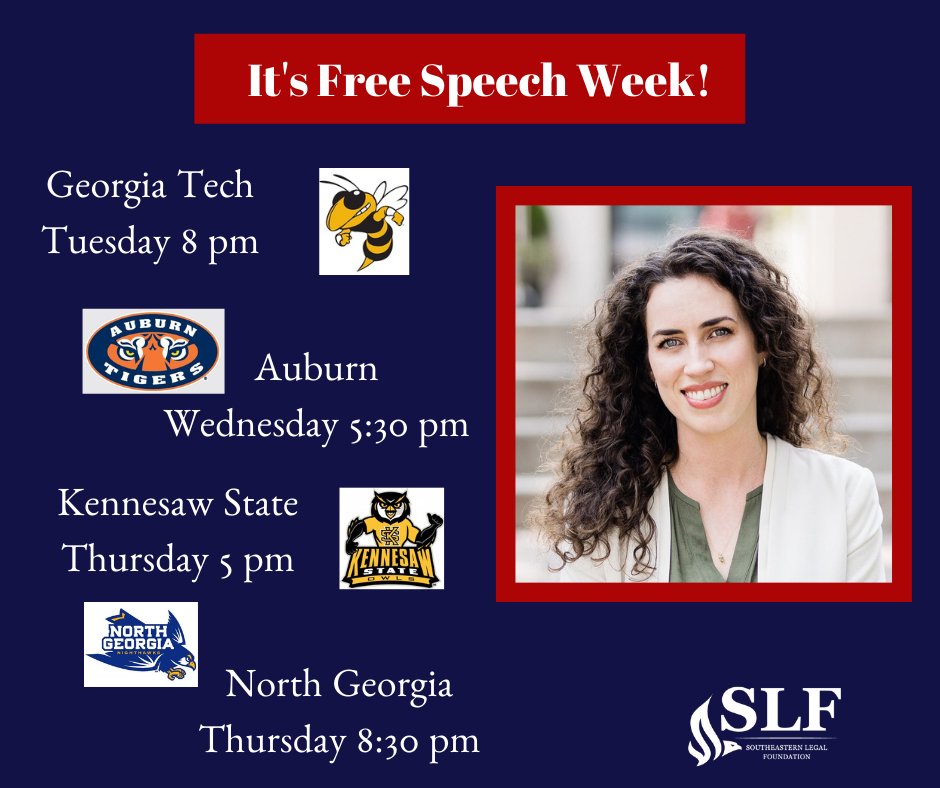 slf_liberty's tweet photo. It's Free Speech Week!
We are stepping our 1A training into overdrive. Catch @Cece_Oleary at Georgia Tech, Auburn, Kennesaw, or North Georgia this week!
@LeadershipInst #1AProject #1A https://t.co/s4L2b0vMgS