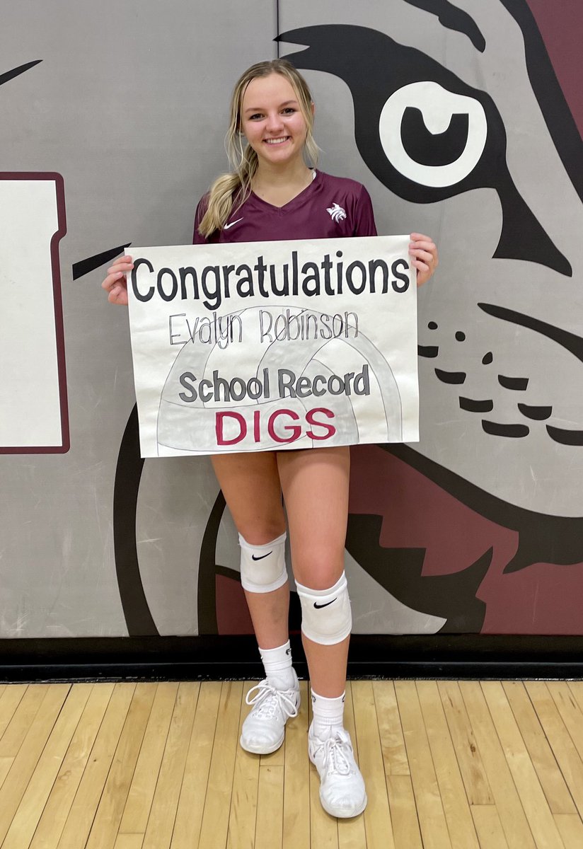 Congratulations to Evalyn Robinson for breaking the school record for digs in a season! Previous record was set by Audrey Sperfslage in 2010. Way to go Evalyn!!!!