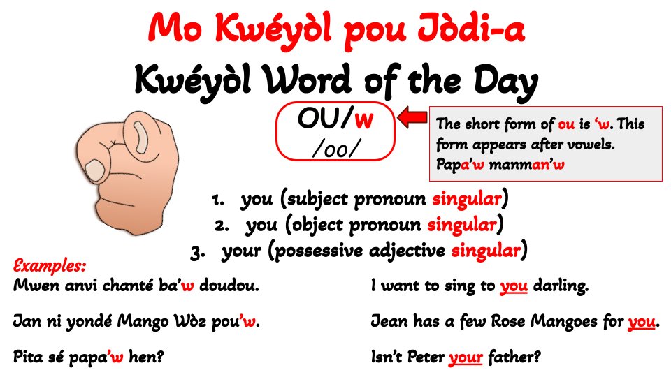 Marvelo58507019's tweet photo. Yesterday we learned about mwen, today we'll learn about "Ou" (oo) the 2nd person singular.#Trinidad #Trni #TriniPatois #TrinidadandTobago #TriniPatwa https://t.co/crBPiqMQXY