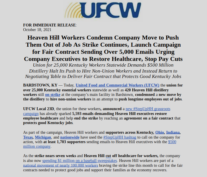 abwhite7's tweet photo. BREAKING: @HeavenHill1935 workers on #strike in #Kentucky face new threat to jobs as $500 million #bourbon maker refuses to negotiate &amp; hires non-union workers to replace them

@UFCW 23D launches legal challenge with @NLRB in call for action: https://t.co/4ggBkeoIba #striketober https://t.co/IMxfbzqPQJ