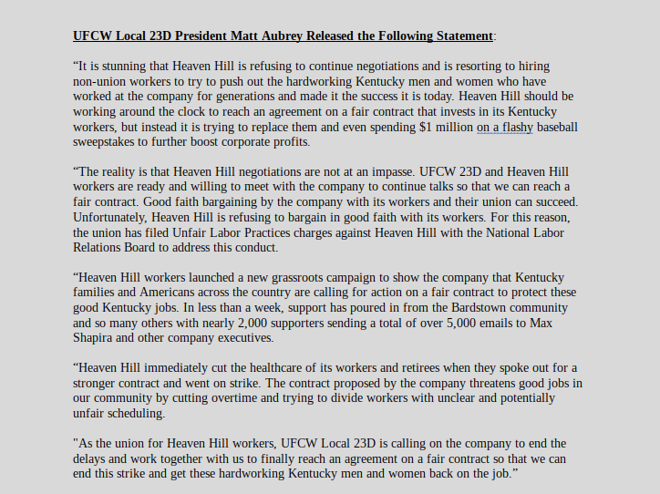 abwhite7's tweet photo. BREAKING: @HeavenHill1935 workers on #strike in #Kentucky face new threat to jobs as $500 million #bourbon maker refuses to negotiate &amp; hires non-union workers to replace them

@UFCW 23D launches legal challenge with @NLRB in call for action: https://t.co/4ggBkeoIba #striketober https://t.co/IMxfbzqPQJ
