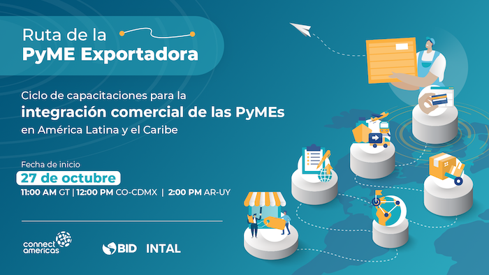connectamericas's tweet photo. Nos complace anunciar la Ruta de la #PymeExportadora, un ciclo de capacitaciones creado en conjunto con BID INTAL para la integración comercial de PyMEs en ALC.   
Inicio: 27 de octubre de 2021
Registro: https://t.co/2cmY5j54BZ https://t.co/qdeQxC0m8K