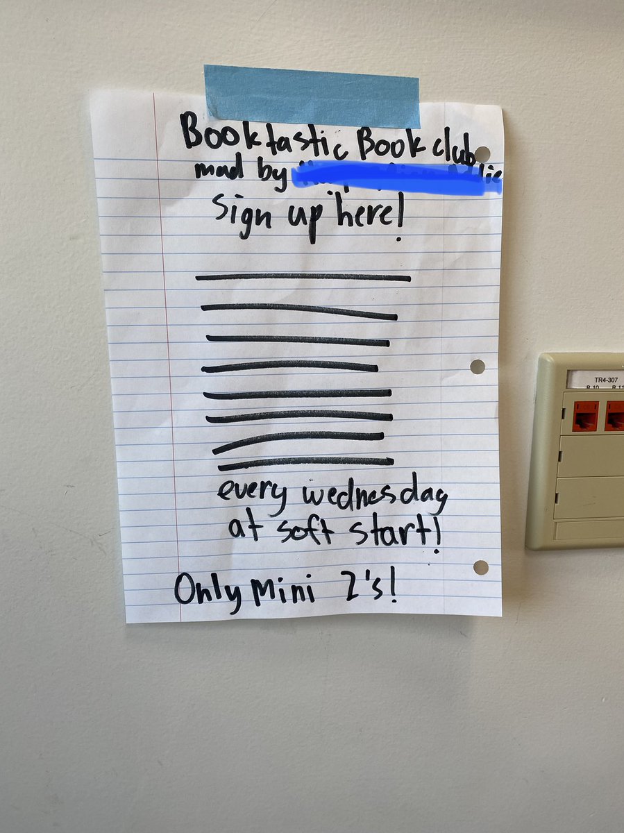 MrsZimpelman's tweet photo. As we wrap up our first reading unit, students initiated adding another choice to our “soft starts” in the morning: Booktastic Book Club, where students come together to talk about books! Complete with student-made flyers.📚 #MiniZs @mariemontelem @MariemontSchool @LucyCalkins https://t.co/ZmsWws1LB2