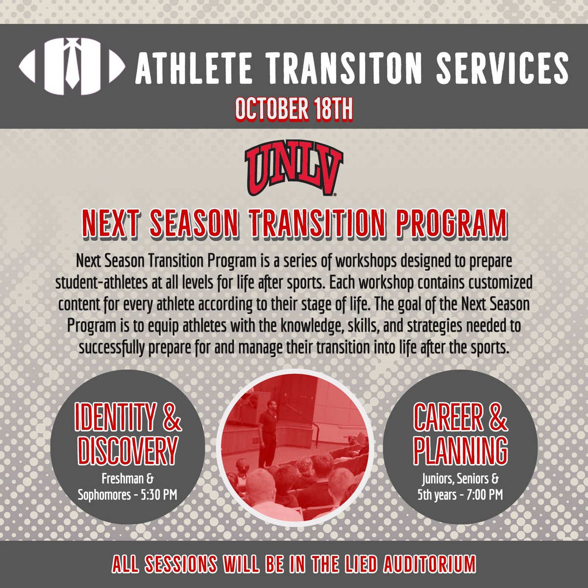 UNLVRebAcademy's tweet photo. We are just a few hours away from hearing guest @iam_jonathanorr as part of the Next Season Transition Program ‼️ Very grateful he’s here to help our #RebelsGoPro efforts. #BEaREBEL https://t.co/wmSuCzmBiC