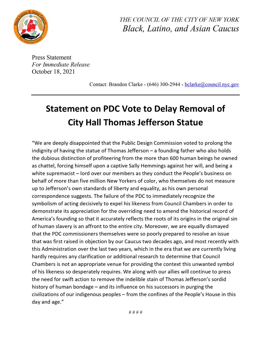 NYC Black, Latino and Asian Caucus (@blacaucusnyc) on Twitter photo To be clear, <a href="/nycpublicdesign/">NYC Public Design Commission</a> voted to prolong the indignity of having the Thomas Jefferson statue lord over our members as they conduct the People’s Business on behalf of 5 million New Yorkers of color who don't measure up to Jeffersonian-era standards of liberty and equality. To be clear, <a href="/nycpublicdesign/">NYC Public Design Commission</a> voted to prolong the indignity of having the Thomas Jefferson statue lord over our members as they conduct the People’s Business on behalf of 5 million New Yorkers of color who don't measure up to Jeffersonian-era standards of liberty and equality.
