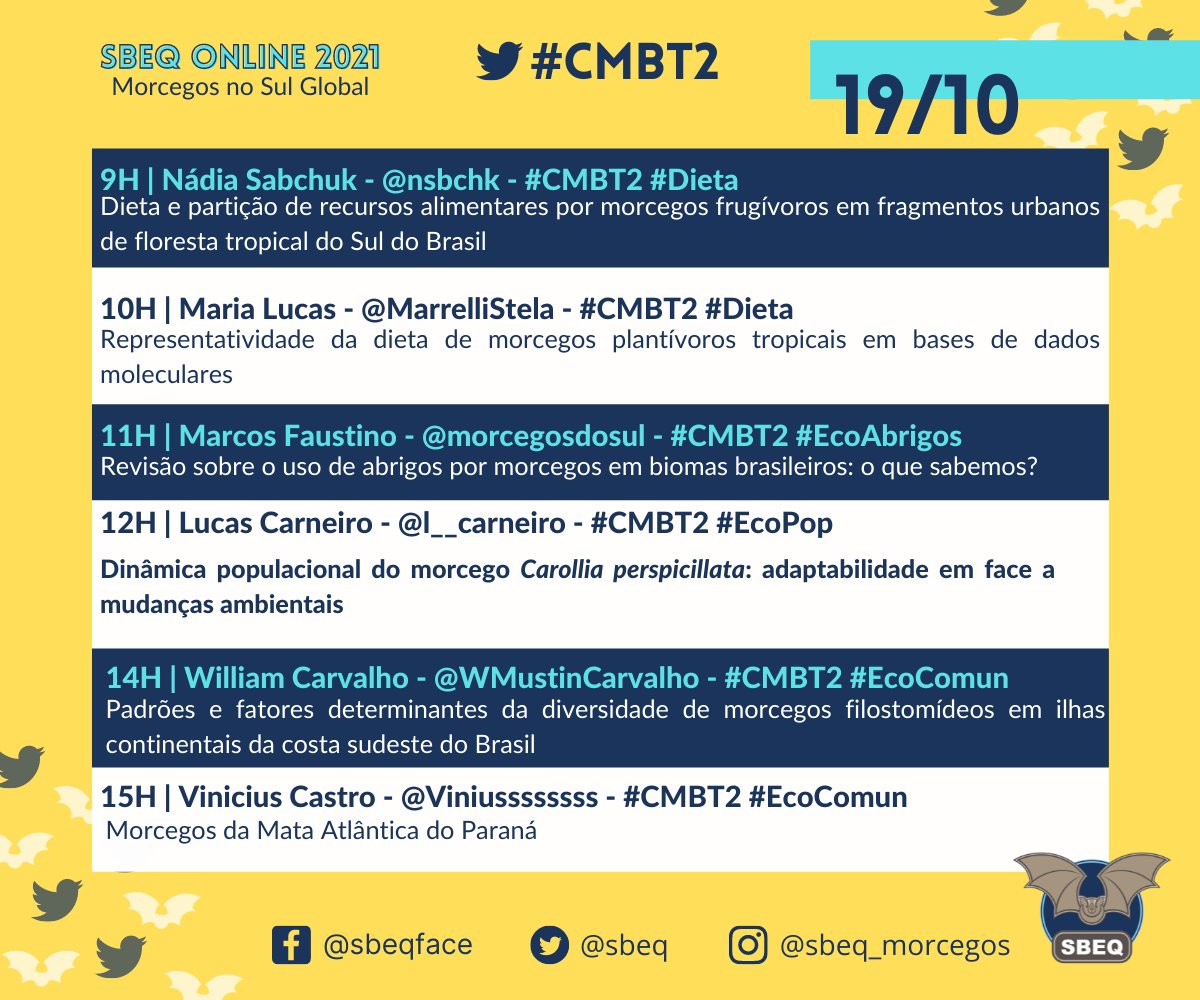 sbeq's tweet photo. Daqui a pouquinho começaremos a nossa II Conferência no Twitter #CMBT2 🦇

A programação está demais 😍

Hoje vamos falar de Dieta, Eco de abrigos, Eco de Comunidades &amp; Eco de Populações.

@nsbchk 
@MarrelliStela 
@morcegosdosul 
@l__carneiro 
@WMustinCarvalho
@Viniussssssss https://t.co/LVUdOhrnDb
