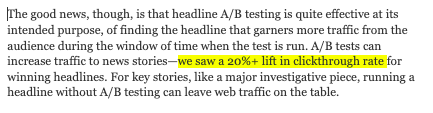 a_kaliner's tweet photo. Headline optimization is essential.

Modern newsrooms seek to find the optimal audience for every story (20%+ lift) AND build a culture of ongoing experimentation in the process.  

@NickHagar @ndiakopoulos analyzed results from 239 newsrooms using @chartbeat (via @NiemanLab) https://t.co/grDGLfuJ57