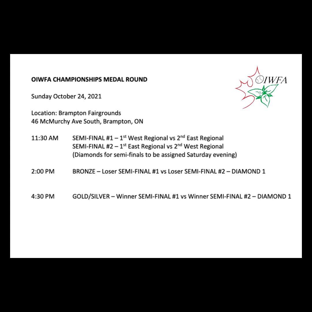 💥OIWFA CHAMPIONSHIP WEEK IS HERE💥

⬇️West &amp; East Qualifiers and Medal Round schedules!

We are pleased to announce that we will once again be offering a free live stream of Championship Sunday through the OIWFA Facebook page, with broadcast commentary by Ballpark Broadcasting