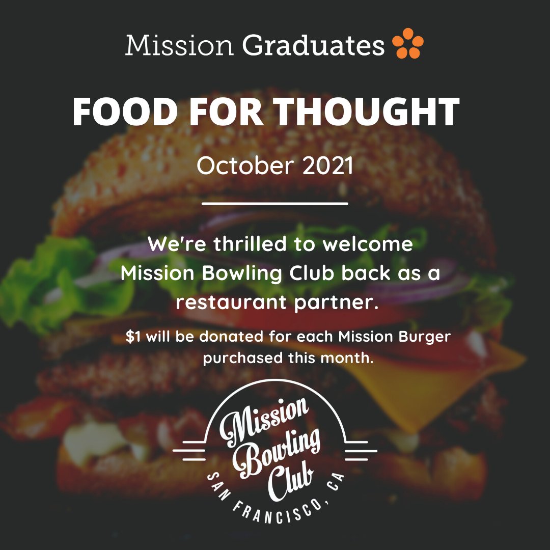 Mission Graduates (@missiongrads) on Twitter photo We're excited to have <a href="/MissionBowling/">Mission Bowling Club</a> back as a restaurant partner for #FoodforThought2021! Mission Bowling Club will donate $1 to Mission Graduates for every Mission Burger sold in October, so dine out and do good today!
For reservations, visit missionbowlingclub.com We're excited to have <a href="/MissionBowling/">Mission Bowling Club</a> back as a restaurant partner for #FoodforThought2021! Mission Bowling Club will donate $1 to Mission Graduates for every Mission Burger sold in October, so dine out and do good today!
For reservations, visit missionbowlingclub.com