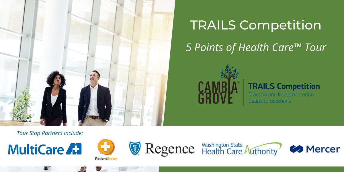 The top 5 finalists in this year’s #TRAILSCompetition will participate in a tour of the #5PointsofHealthCare that include experts from <a href="/MultiCareHealth/">MultiCare Health</a> Behavioral Health Network, <a href="/PatientOrator/">PatientOrator</a>, <a href="/RegenceWA/">Regence BlueShield</a>, <a href="/WA_Health_Care/">Washington State Health Care Authority</a> and <a href="/mercer/">Mercer</a>. Apply today!  bddy.me/3ATB3vy