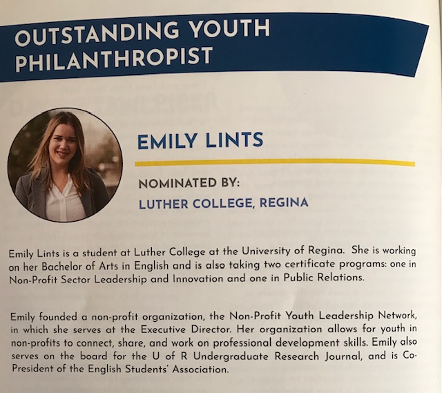 Last week, Emily Lints, a LCUR student received the Outstanding Youth Philanthropist award at <a href="/AFPSouthSask/">AFP South Saskatchewan</a> National Philanthropy Day for her work founding the Non-Profit Youth Leadership Network (NPYLN). Learn about NPYLN: ow.ly/m1YZ50Gtx8n

Congrats!

#NPDLove #npd2021