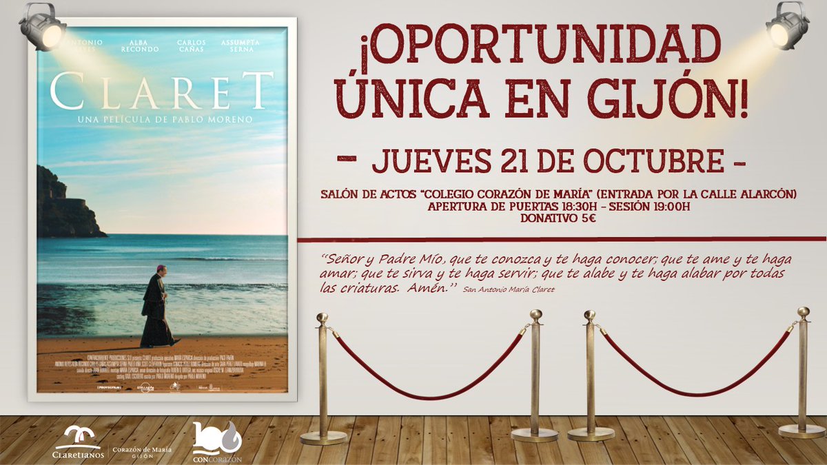 El <a href="/codemagijon/">Col.Corazón de María</a>  ha organizado un pase especial de la película ‘Claret’ para la próxima semana. Además, el director de la cinta, Pablo Moreno les visitó hace unos días #TantoBien #IdearioClaretiano #SomosCodema #codemapastoral
tantobien.org/blog-post/la-p…