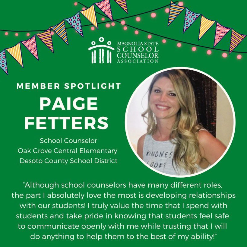 MSSCAtweets's tweet photo. Member Spotlight Monday - Paige Fetters
#MagnoliaStateSCA #MSSCA #mississippi #schoolcounseling #schoolcounselors #memberspotlight #memberspotlightmonday https://t.co/lgiTSgwhau