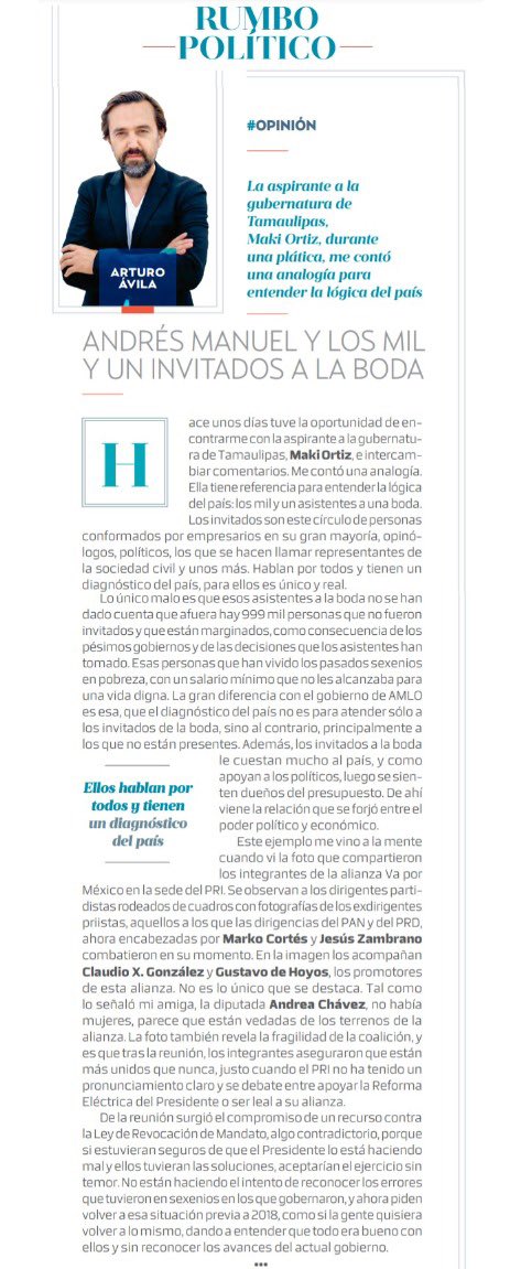 BAnalytics_Mx's tweet photo. Como todos los lunes, el presidente @arturoavila_mx publicó su columna #rumbopolitico con el tema “Andres Manuel y los mil un invitados a la boda” en @elheraldodemexico.

¡No te la pierdas en https://t.co/N4JL7Xydgu ! https://t.co/a1rjYYvyqh