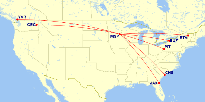 IshrionA's tweet photo. Sun Country will link each of these with its Minneapolis (MSP) hub.

- BUF begins June 9, 2022
- BTV begins June 16, 2022
- CHS begins April 7, 2022
- JAX begins April 8, 2022
- PIT begins June 2, 2022
- GEG begins June 9, 2022
- YVR begins June 15, 2022

All operate 2x weekly. https://t.co/GV1yd7VQw6