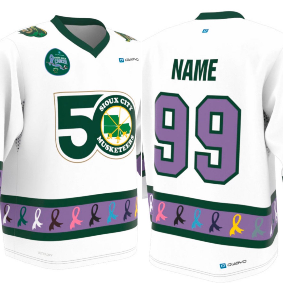 Musketeerhockey's tweet photo. On a scale of 1-10? Our Cross Check Cancer @UnityPointSC jerseys for this Saturday night. We’ll auction them off after the game with proceeds going towards the fight against cancer. #crosscheckcancer #scmusketeers #Muskies50th https://t.co/VlktWXMZmS