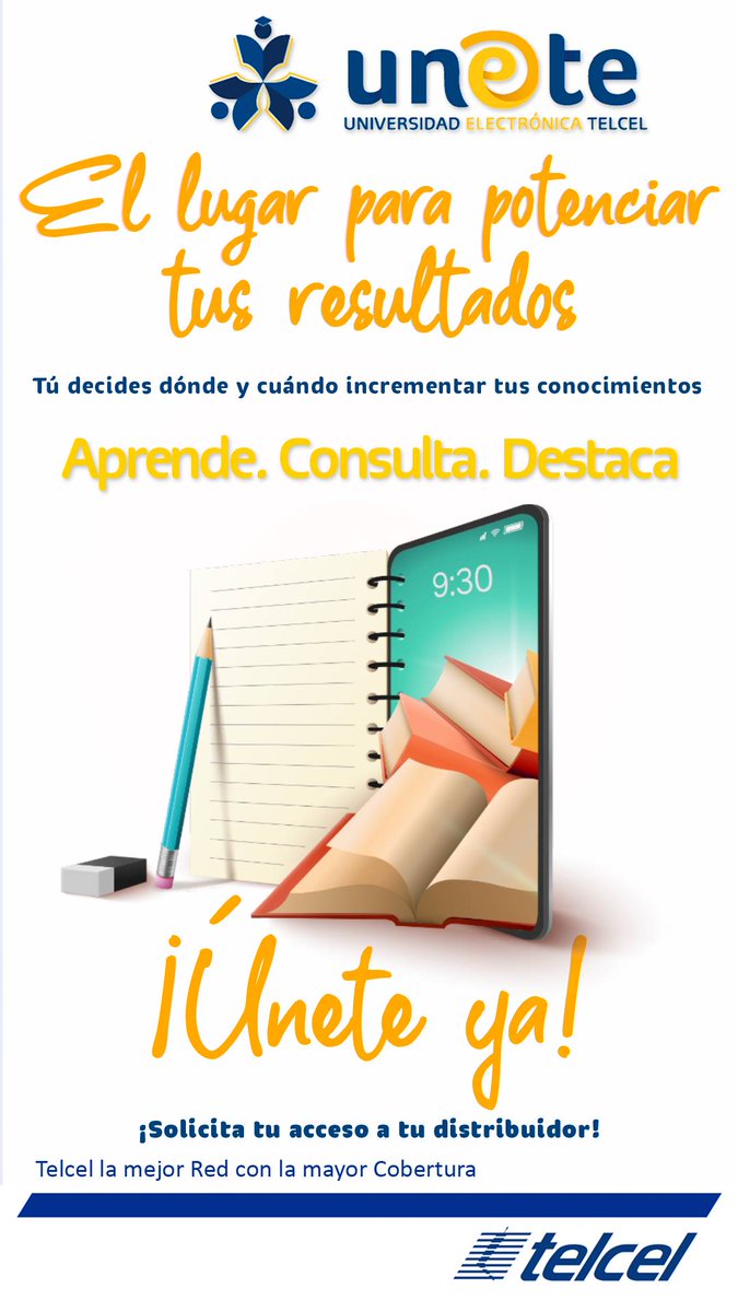telcelregion7's tweet photo. 📒UNETE Universidad Electrónica Telcel  ✏📲 * Aprende * Consulta * Destaca🎖 Únete YA!
Manda correo a un analista de Capacitación Comercial para recibir información 🤓 https://t.co/6uwuYdqbon