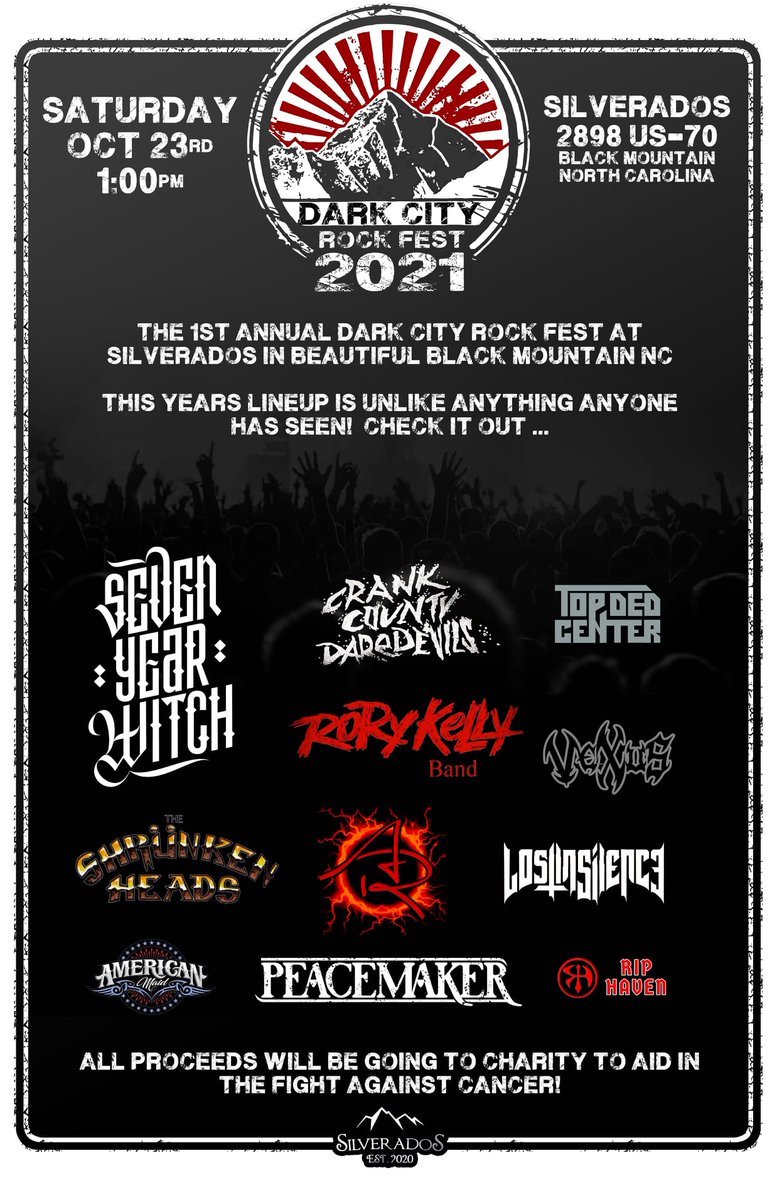 C4LiveEnt's tweet photo. So excited for the Dark City Rock Fest 2021 show this week at Silverados (Black Mountain, NC) - it is going to be excellent and it is supporting the FIGHT AGAINST CANCER. Come out and hear some great music and help a great cause. 

#XPRAugusta #FirstCityOfMusic #XPRAUG https://t.co/13qLmYFk60