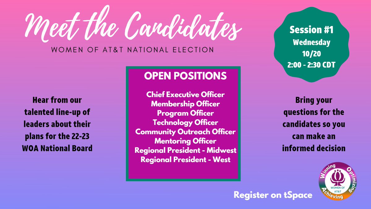 It's election time!  Our first Meet the Candidates session is Wednesday 10/20!  Register on tSpace!