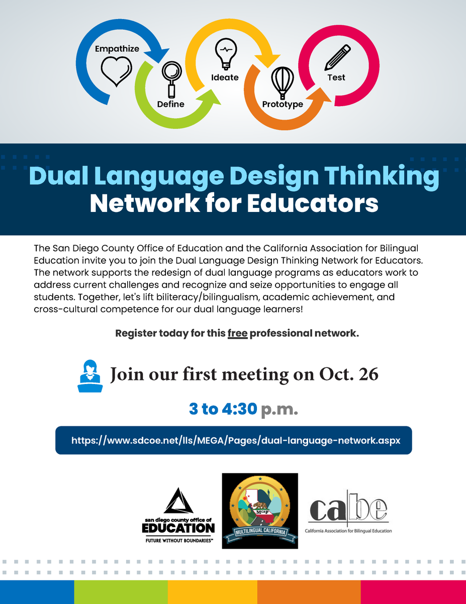 CABEBEBILINGUAL's tweet photo. Join us for the first meeting of the Dual Language Design Thinking Network on October 26th!  

Register for free: https://t.co/zS5FV0NDV7

More information:  https://t.co/0eRxonOVrU https://t.co/XSCrTYn1nc
