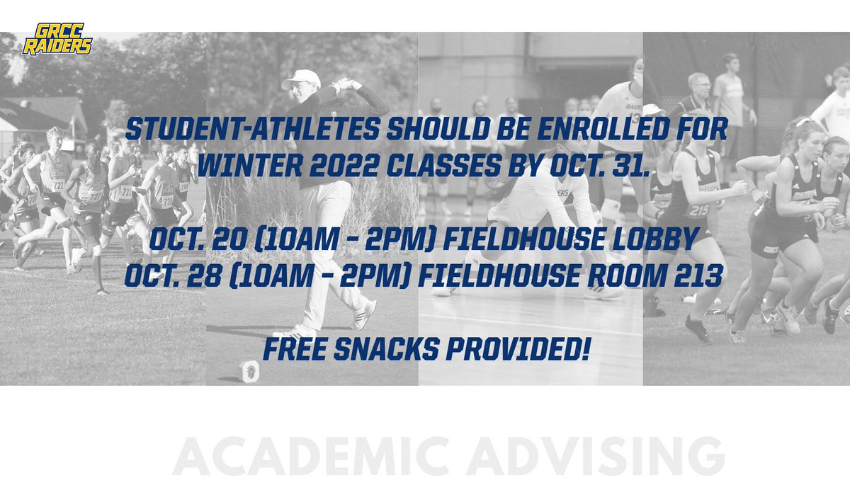 GRCC Student-Athletes, Tuition is due Dec. 1. Stop on in and enroll in classes Wed, Oct. 20 or Thur, Oct. 28 from 10am to 2pm. Snacks will be provided! <a href="/grccvb/">GRCC Volleyball</a> <a href="/baseball_grcc/">Grand Rapids Community College Baseball</a> <a href="/GRCCBasketball/">GRCC Men's Basketball</a> <a href="/grccwbb/">grccwbb</a> <a href="/GolfGrcc/">GRCC Raiders Men’s Golf</a> <a href="/XcRaider/">GRCC XC</a>