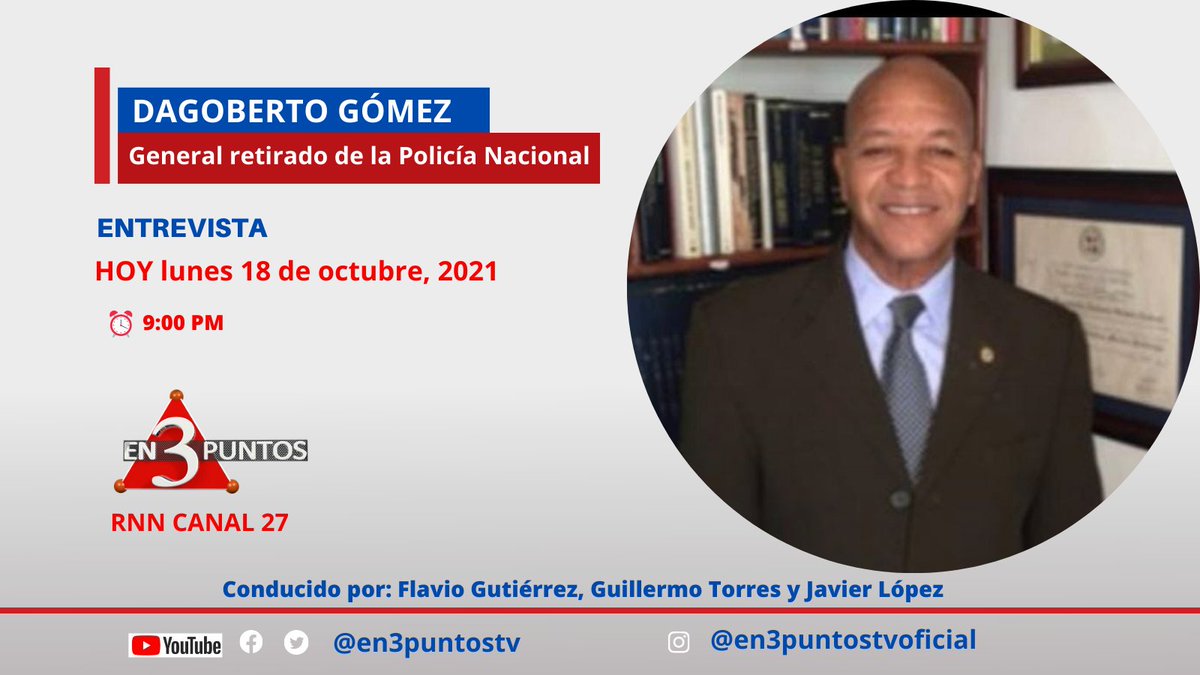 Esta noche en #En3PuntosTV analizamos las medidas anunciadas por el presidente <a href="/luisabinader/">Luis Abinader</a> para la reforma policial. 
#DagobertoGómez general retirado de la @policiaRD
estará con nosotros en el estudio. 
📺 Sintonice #En3PuntosTV  a las 9:00 pm por #rnncanal27.