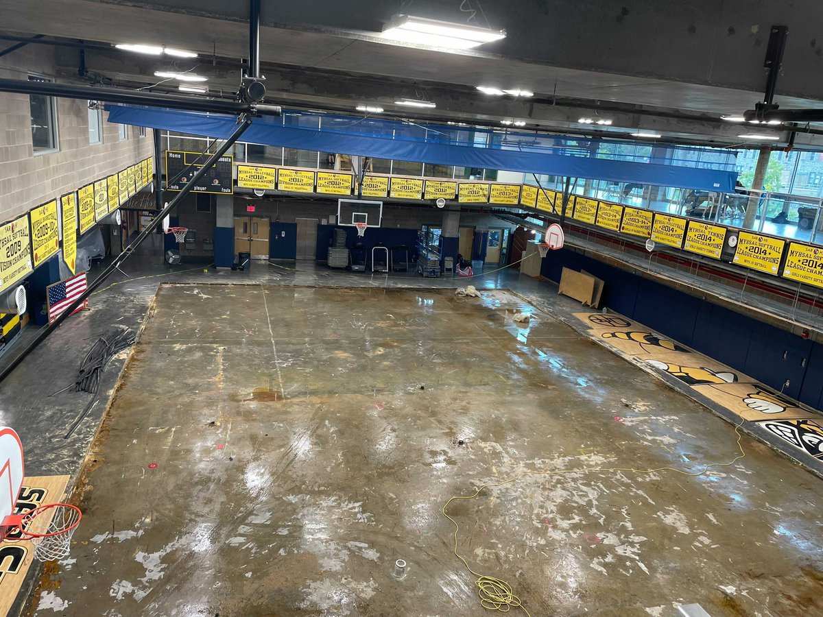 SARHighSchool's tweet photo. It's happening...the construction crew has been here all day working hard dismantling the gym floor that was damaged during Hurricane Ida. The Hive shall return! #letsgosting #stingnation #sarhs https://t.co/VPMOQUYgCl