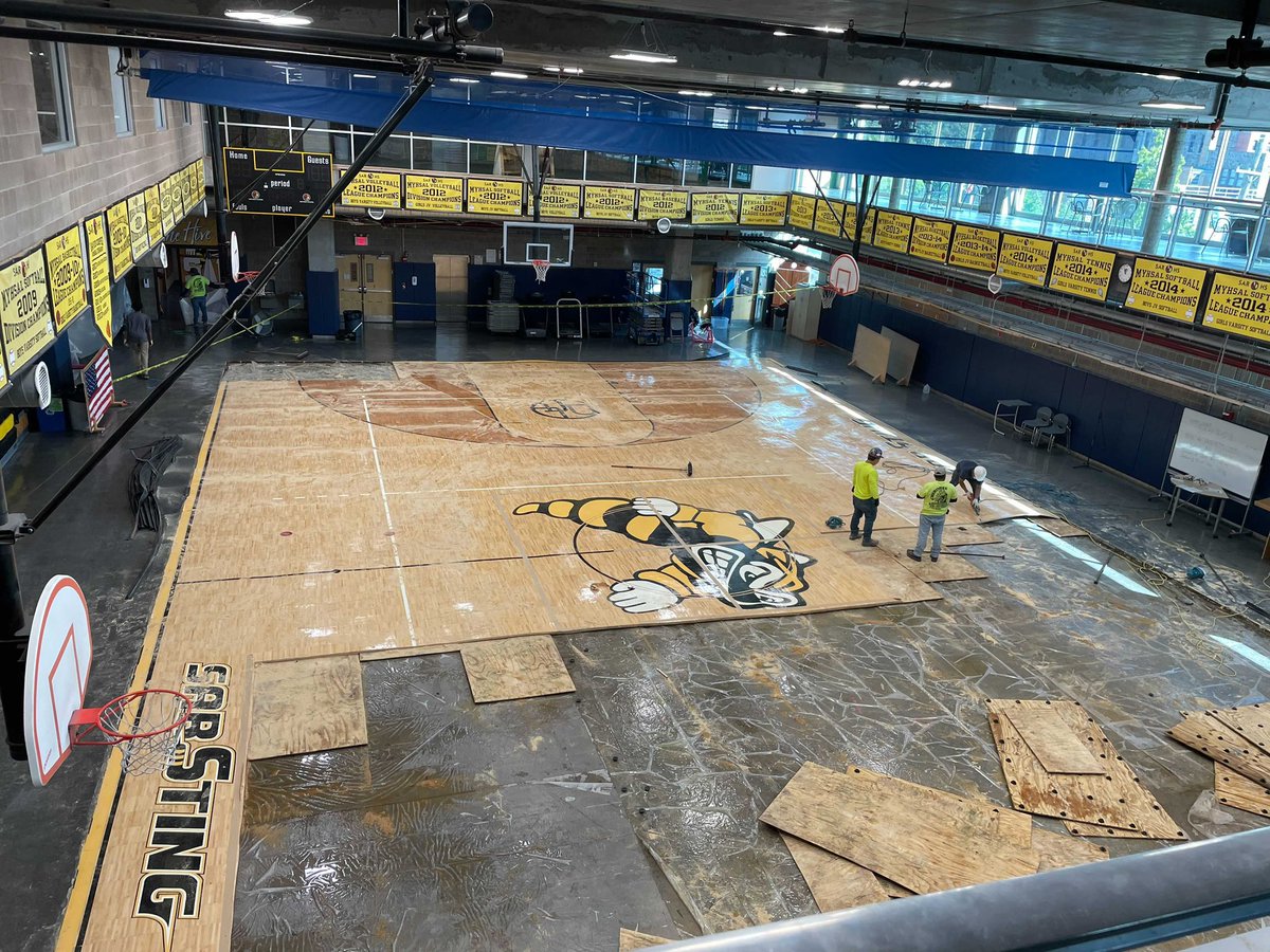SARHighSchool's tweet photo. It's happening...the construction crew has been here all day working hard dismantling the gym floor that was damaged during Hurricane Ida. The Hive shall return! #letsgosting #stingnation #sarhs https://t.co/VPMOQUYgCl