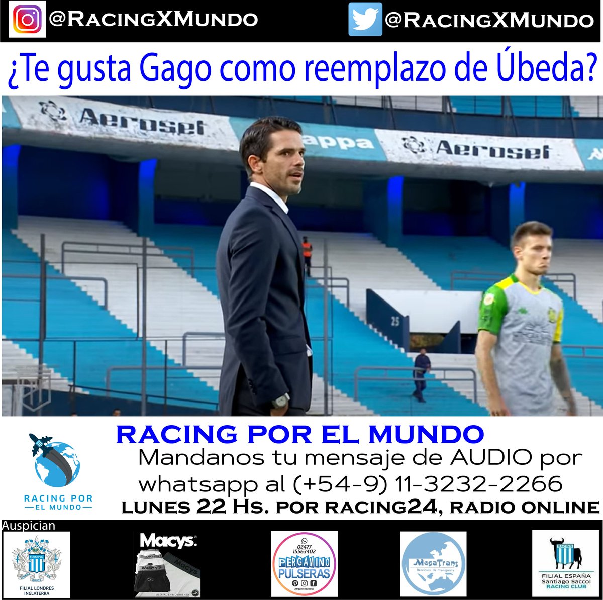 RacingxMundo's tweet photo. Esta noche estamos con RACING POR EL MUNDO desde las 22 por @racing24ok 
CONSIGNA: Fernando Gago se prueba el buzo de DT y te preguntamos, ¿Te gusta como reemplazo de Úbeda?
HOY además sortearemos la camiseta de @DeportesRacing , gentileza de Alliance! https://t.co/EZrmSODDYG https://t.co/bCAAtCLjc2