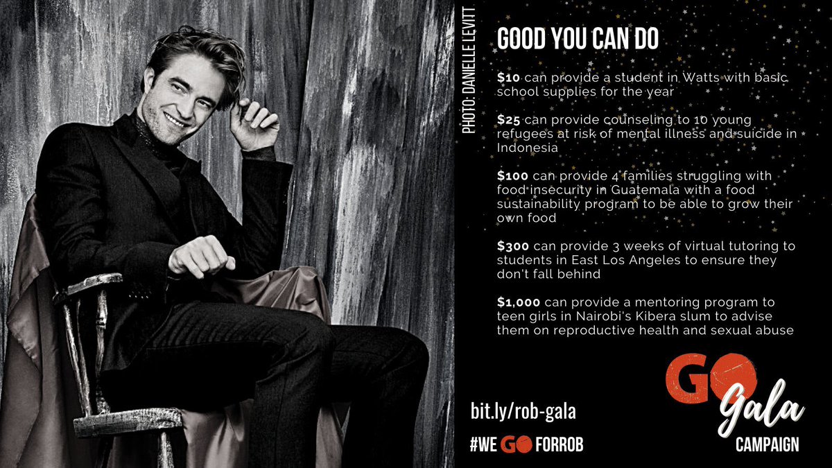 RobPBirthdayPro's tweet photo. Rob is once again co-hosting the virtual GO Gala this Saturday, October 23rd @ 6:00pm PST. If you would like to make a donation to GO in honor of Rob, the donation page is here: https://t.co/YQU8QXLmlh 
Thank you! ❤️❤️
#RobertPattinson #weGOforRob #AmbassadorRob @thegocampaign https://t.co/6uhCfR7WiR