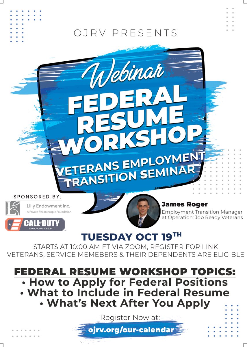 Tomorrow, we are hosting one of our Virtual VETS Workshop that is focused on Federal Resumes!

Register today! lnkd.in/d3KCZfC

#veterans #training #military #employment #militaryspouses #careergoal