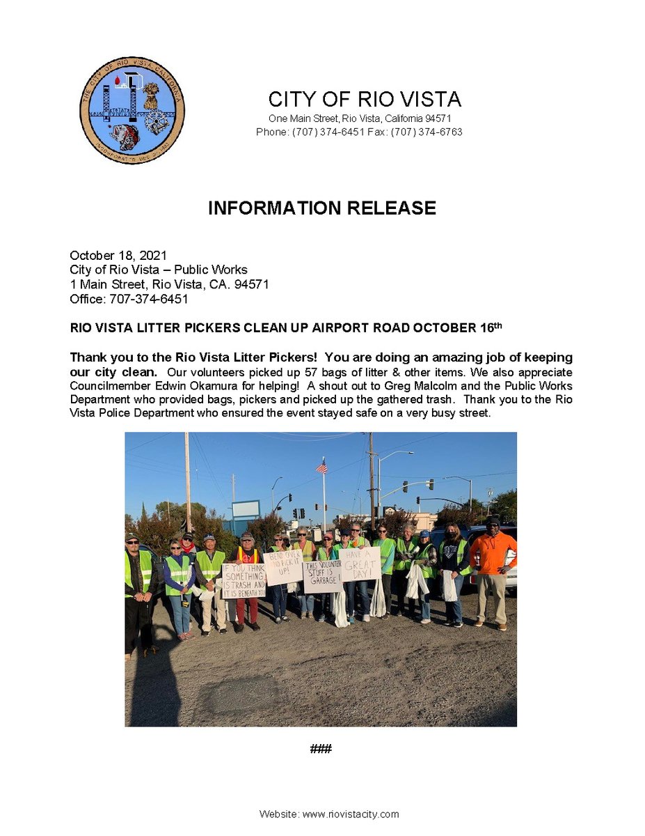 Thank you to the Rio Vista Litter Pickers! Our volunteers picked up 57 bags of litter &amp; other items. We appreciate Councilmember Edwin Okamura for helping!  A shout out to Greg Malcolm and the Public Works Department who provided bags, pickers and picked up the gathered trash.