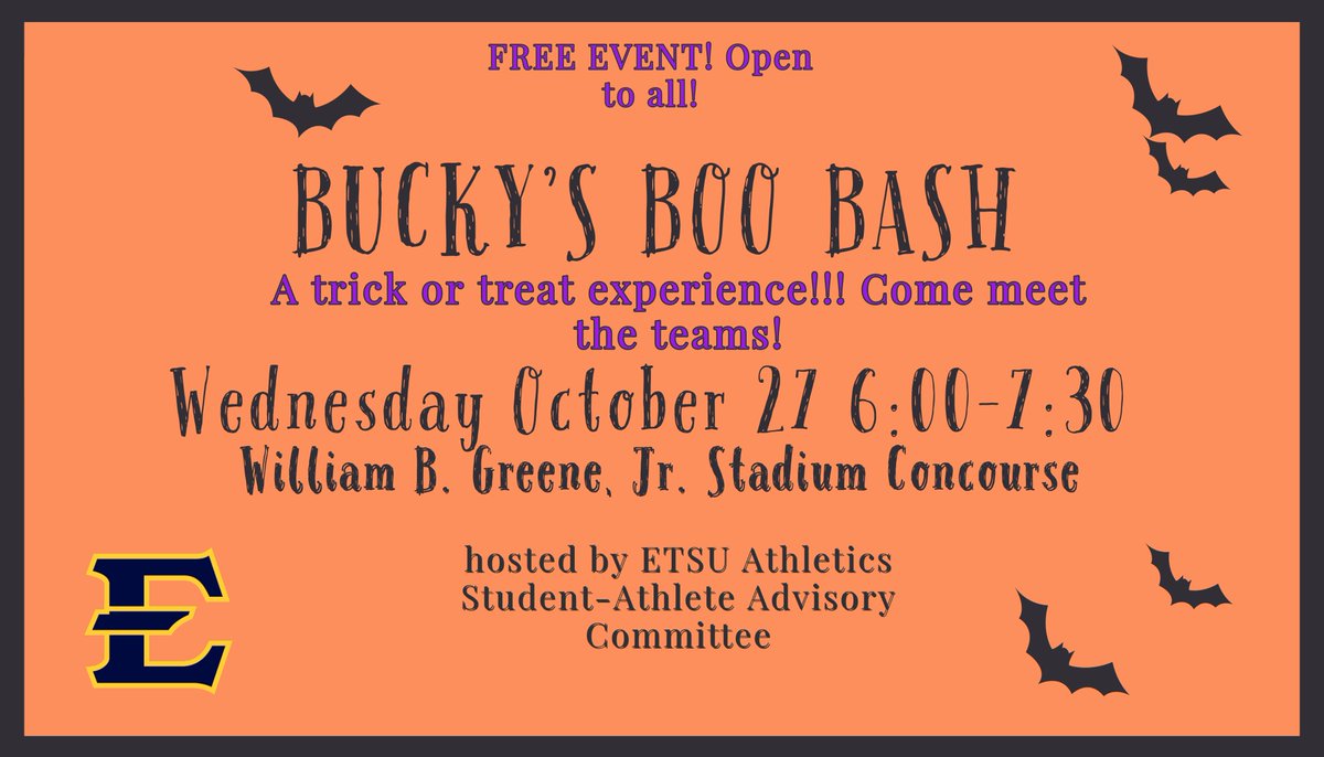 𝗕𝘂𝗰𝗸𝘆'𝘀 𝗕𝗼𝗼 𝗕𝗮𝘀𝗵!

Join us as <a href="/ETSU__SAAC/">ETSU SAAC</a> puts on our annual #Halloween trick-or-treat event next Wednesday, Oct. 27 from 6-7:30p at Greene Stadium...

Come meet our student-athletes and get some candy!
