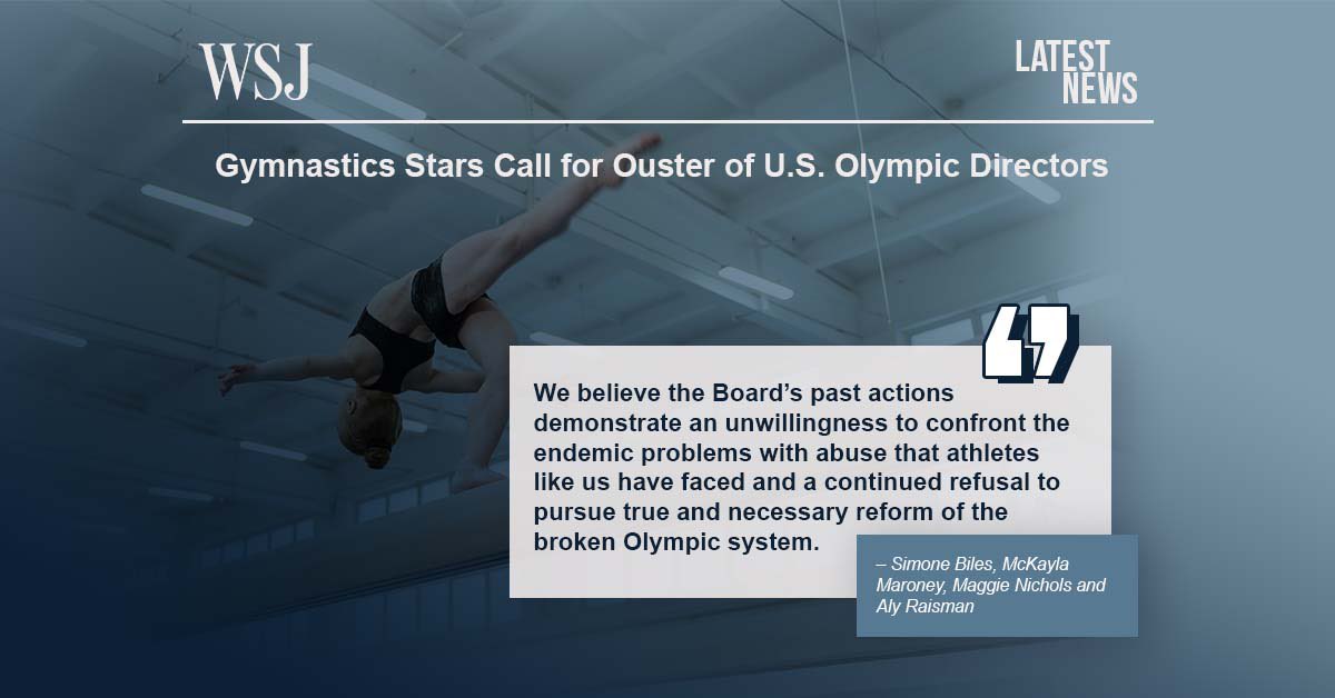 MSFLawFirm's tweet photo. In a letter to Congress, Simone Biles, McKayla Maroney, Maggie Nichols and Aly Raisman call for the dissolution of the U.S. Olympic &amp; Paralympic Committee’s Board, the organization that failed to protect them and hundreds of other athletes from Larry Nassar. https://t.co/QTKaS9e44T