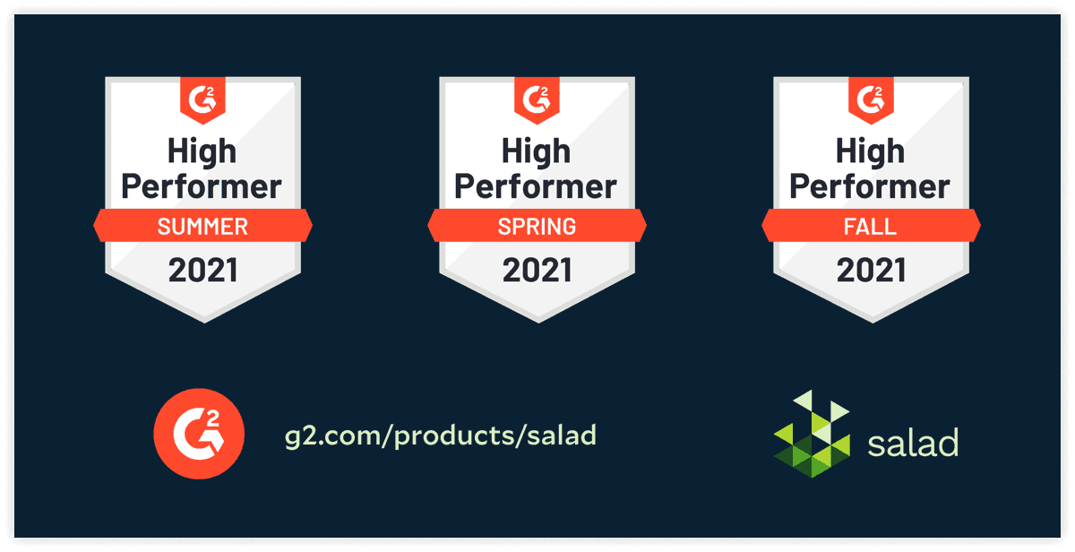 Salad_Chefs's tweet photo. It's official: Salad has earned a high performer rating on @G2dotcom for every season of 2021! We're humbled by the feedback and support of our loyal #SaladChefs. With you in our Kitchen, there's no limit to what our #computesharing community can do 💪 https://t.co/7NEczu0PRn