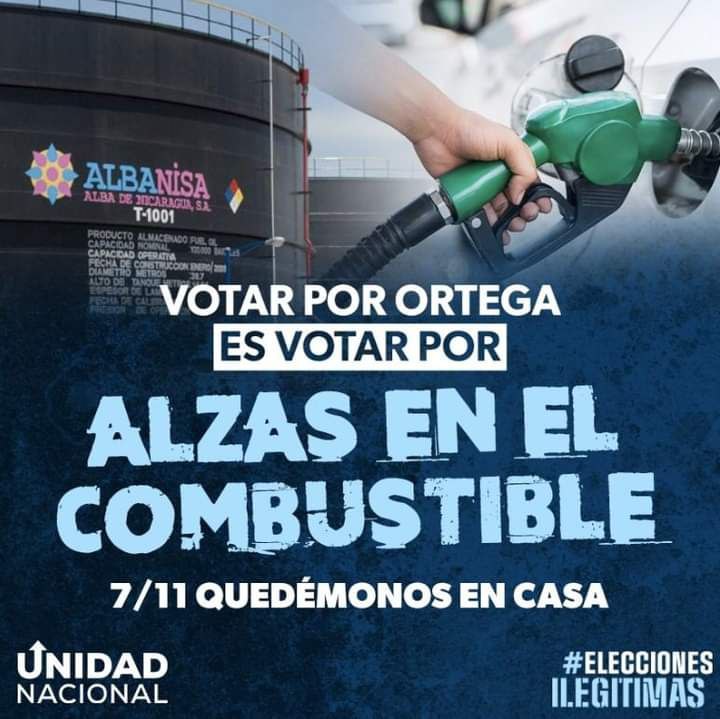 MovimientoMAD's tweet photo. Salir a votar es apoyar que cada fin de semana el precio del combustible aumente.
¡Por tu futuro, este 7 de noviembre quédate en tu casa!
#EleccionesIlegítimas
#Nicaragua
#SomosMAD
@traficoni @CorteIDH @UnidadNic @camilocnn @soyfdelrincon @cefeche @BiancaJagger https://t.co/pun85MZ8v9