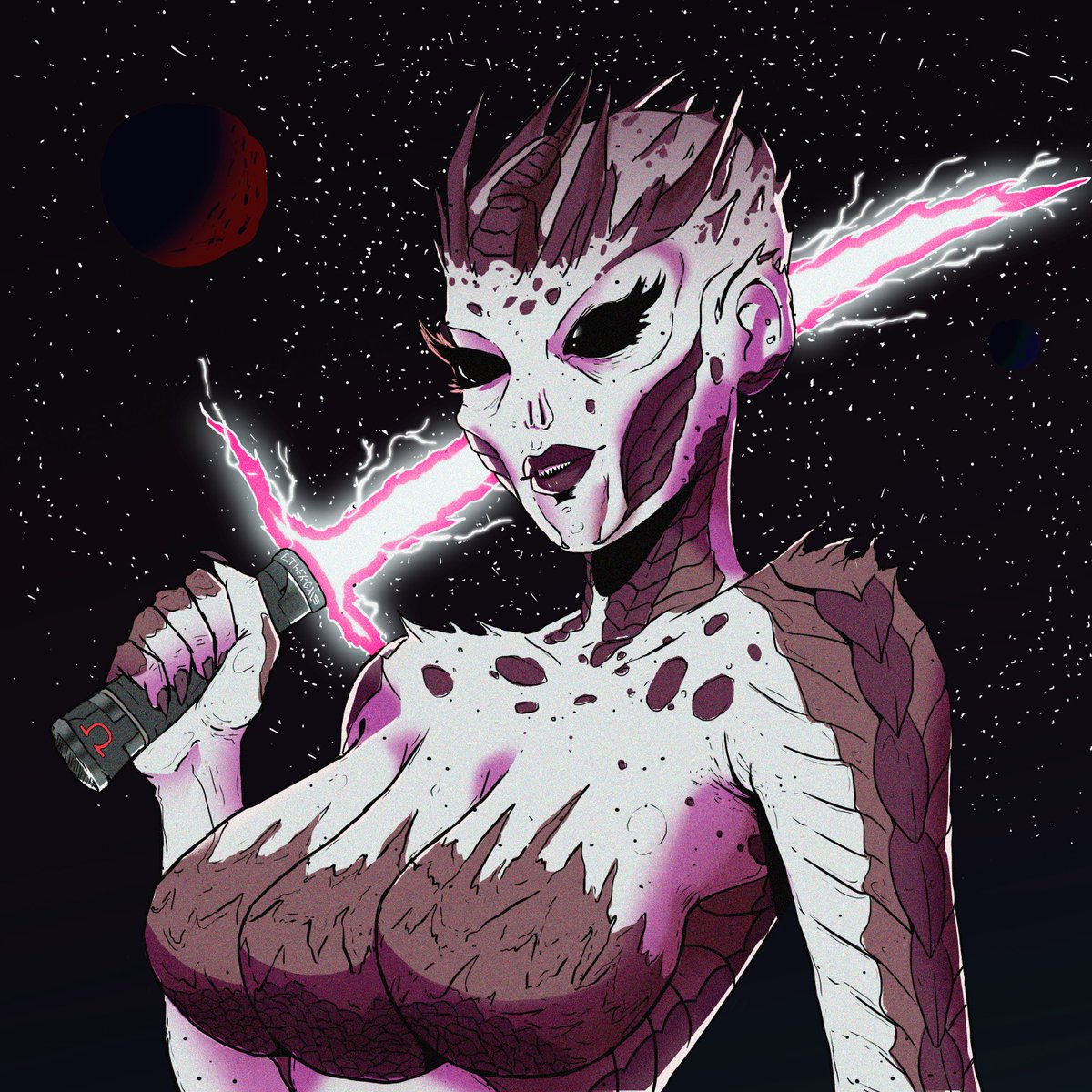 ArtMakerIO's tweet photo. Alien Demon Slayer wielding the powerful Ohmie Saber. #etherghouls submission @EtherGals https://t.co/NZDlKAxFii