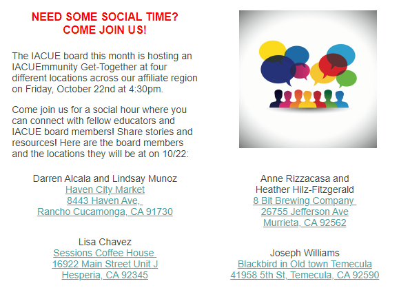 The IACUE board is hosting an IACUEmmunity Get-Together at four different locations across our affiliate region this Friday, October 22nd at 4:30pm. Check out the different locations in the image below. We hope you can join us!
#IACUE #WeAreCUE