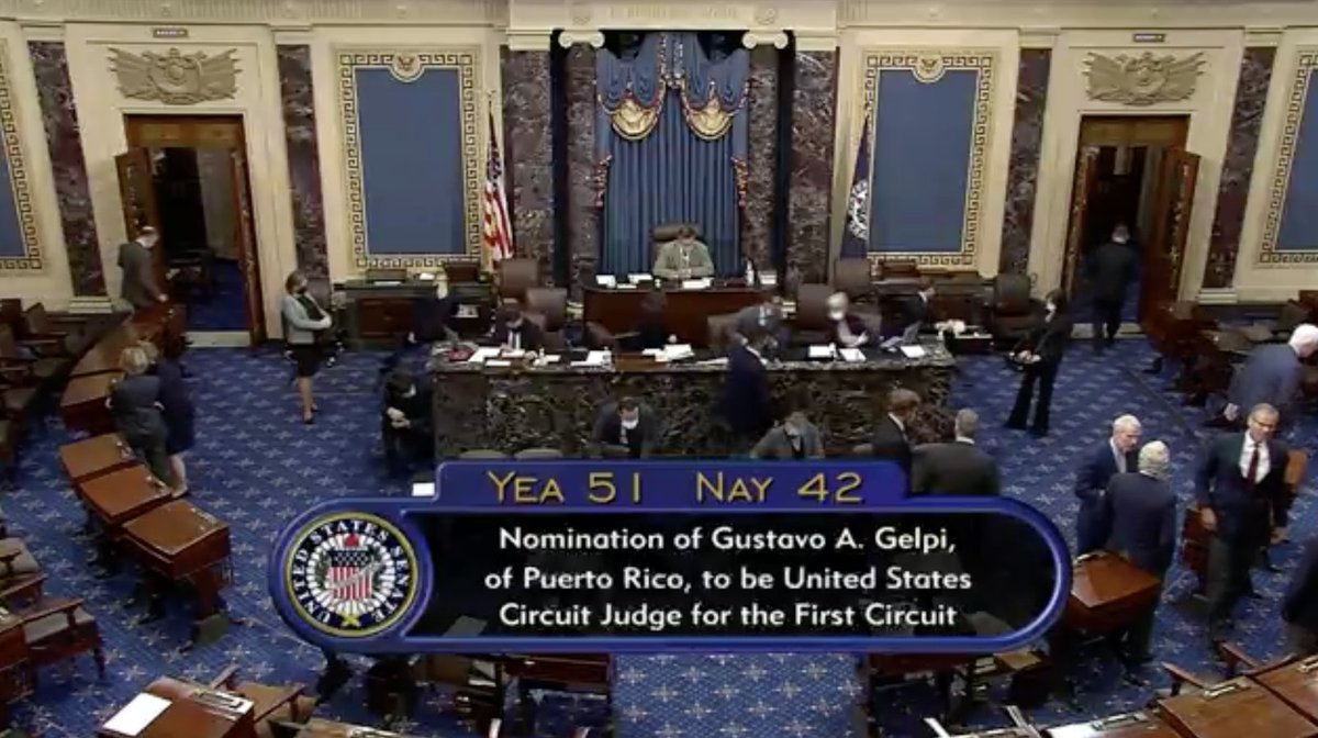 pryoungdems's tweet photo. Congratulations are in order! Judge Gustavo Gelpí has been confirmed in the U.S. Senate to the U.S. Court of Appeals for the First Circuit. A big advocate of equal rights for Puerto Rico from the bench. (1/3) https://t.co/pahtmBE3FN