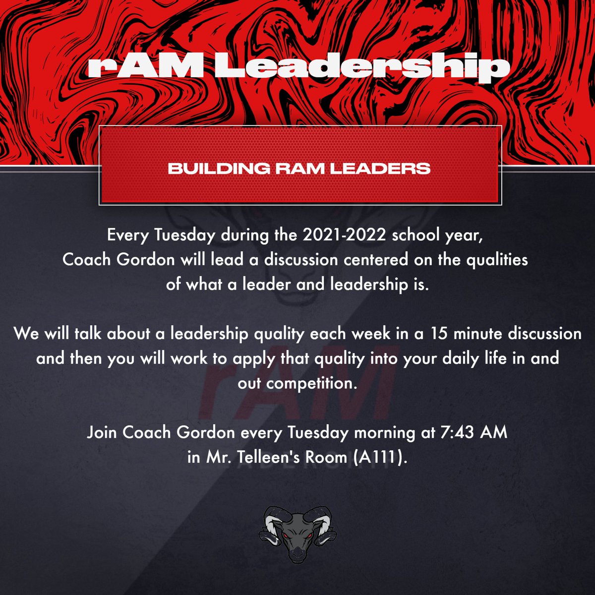 greenecntyrams's tweet photo. Tomorrow morning Coach Morton will talk more about The Ram Way and the leadership principles within it.  

Come join him in 12 hours. 

#rAMLeadership
#RamPride 
#RamTough https://t.co/FOrOnDqeGK
