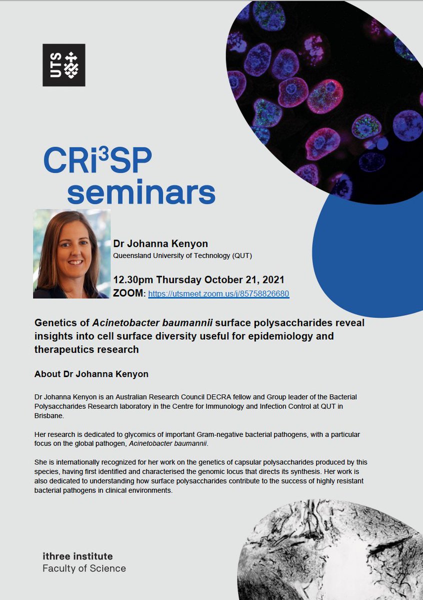 Australian Institute for Microbiology & Infection (@aimi_uts) on Twitter photo Next @ithreeinst CRi3SP seminar this Thursday, Oct 21, 12:30 pm (Syd time). DECRA fellow and group leader Dr. Kenyon <a href="/jojkenyon/">Johanna Kenyon</a> from <a href="/QUT/">QUT</a> will talk about cell surface diversity in <a href="/A_baumannii/">𝘼𝙘𝙞𝙣𝙚𝙩𝙤𝙗𝙖𝙘𝙩𝙚𝙧 𝙗𝙖𝙪𝙢𝙖𝙣𝙣𝙞𝙞</a>. Details in the flyer. Don't miss out! <a href="/UTS_Science/">UTS Science</a> Next @ithreeinst CRi3SP seminar this Thursday, Oct 21, 12:30 pm (Syd time). DECRA fellow and group leader Dr. Kenyon <a href="/jojkenyon/">Johanna Kenyon</a> from <a href="/QUT/">QUT</a> will talk about cell surface diversity in <a href="/A_baumannii/">𝘼𝙘𝙞𝙣𝙚𝙩𝙤𝙗𝙖𝙘𝙩𝙚𝙧 𝙗𝙖𝙪𝙢𝙖𝙣𝙣𝙞𝙞</a>. Details in the flyer. Don't miss out! <a href="/UTS_Science/">UTS Science</a>