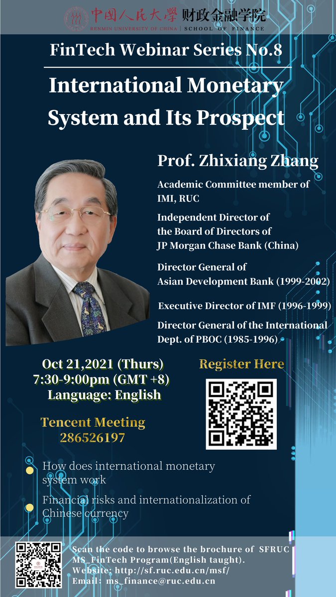 🎉Webinar | Prof. Zhixiang Zhang: International Monetary System and Its Prospect
⭐Time: 7:30-9:00pm (GMT+8), October 21th (Thurs)
⭐Speaker: Prof. Zhixiang Zhang, Member of Academic committee of the International Monetary Institute of the Renmin University of China
💡Welcome!